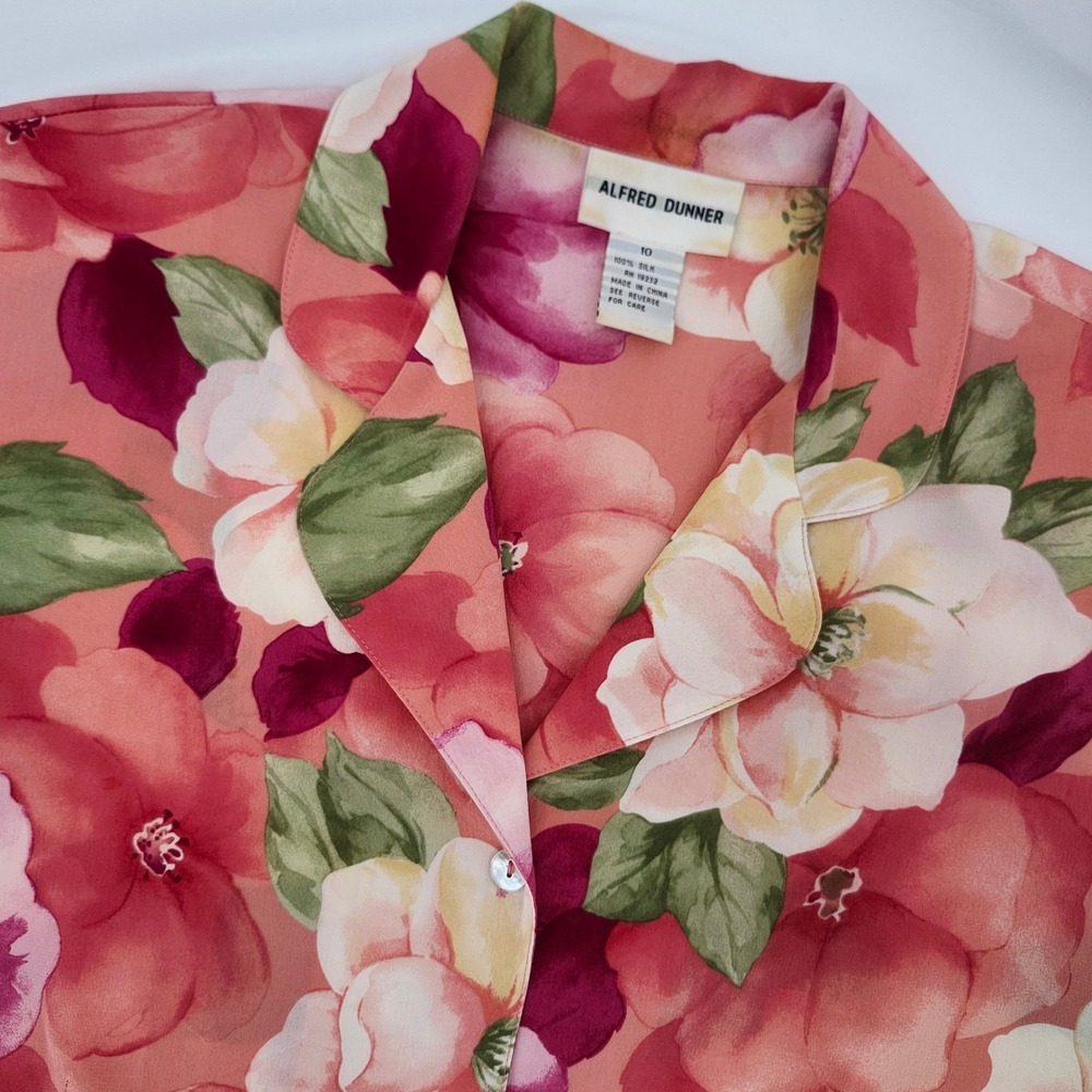 Alfred Dunner Womens Coral Pink Floral Silk Blouse Size 10 Tropical Botanical